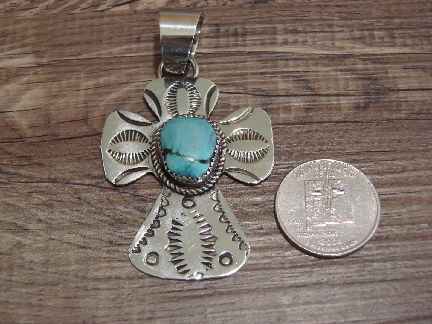 Navajo Nickel Silver & Turquoise Cross Pendant - Cleveland