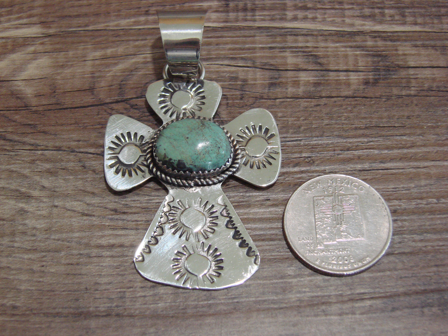 Navajo Nickel Silver & Turquoise Cross Pendant - Cleveland