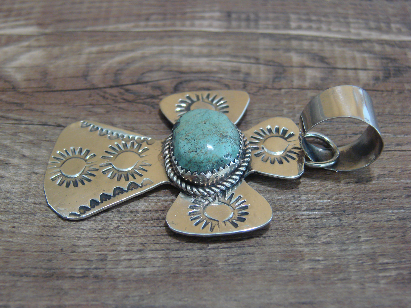 Navajo Nickel Silver & Turquoise Cross Pendant - Cleveland