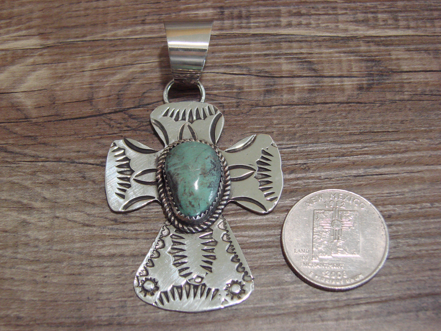 Navajo Nickel Silver & Turquoise Cross Pendant - Cleveland