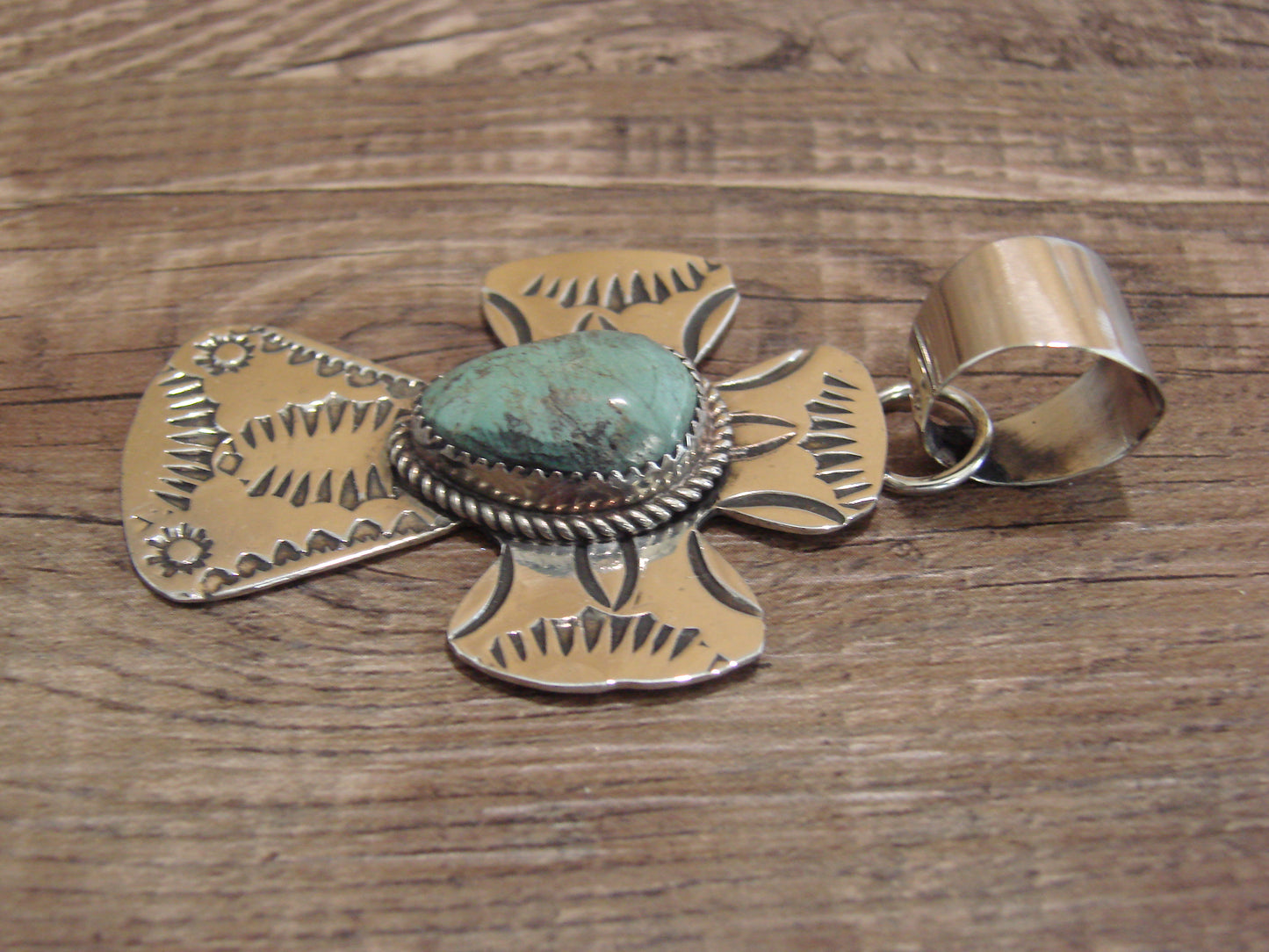 Navajo Nickel Silver & Turquoise Cross Pendant - Cleveland