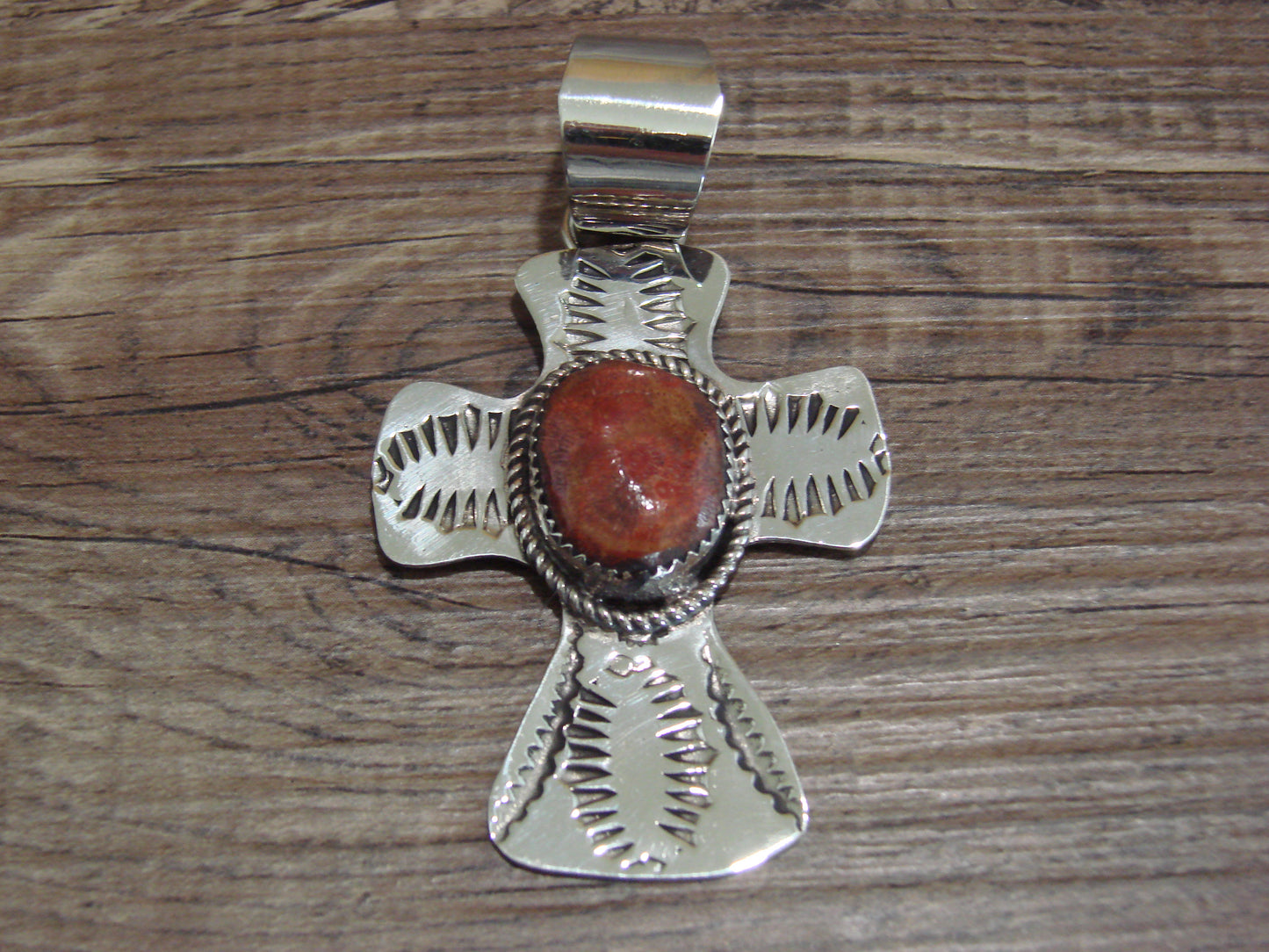Navajo Nickel Silver & Apple Coral Cross Pendant - Cleveland