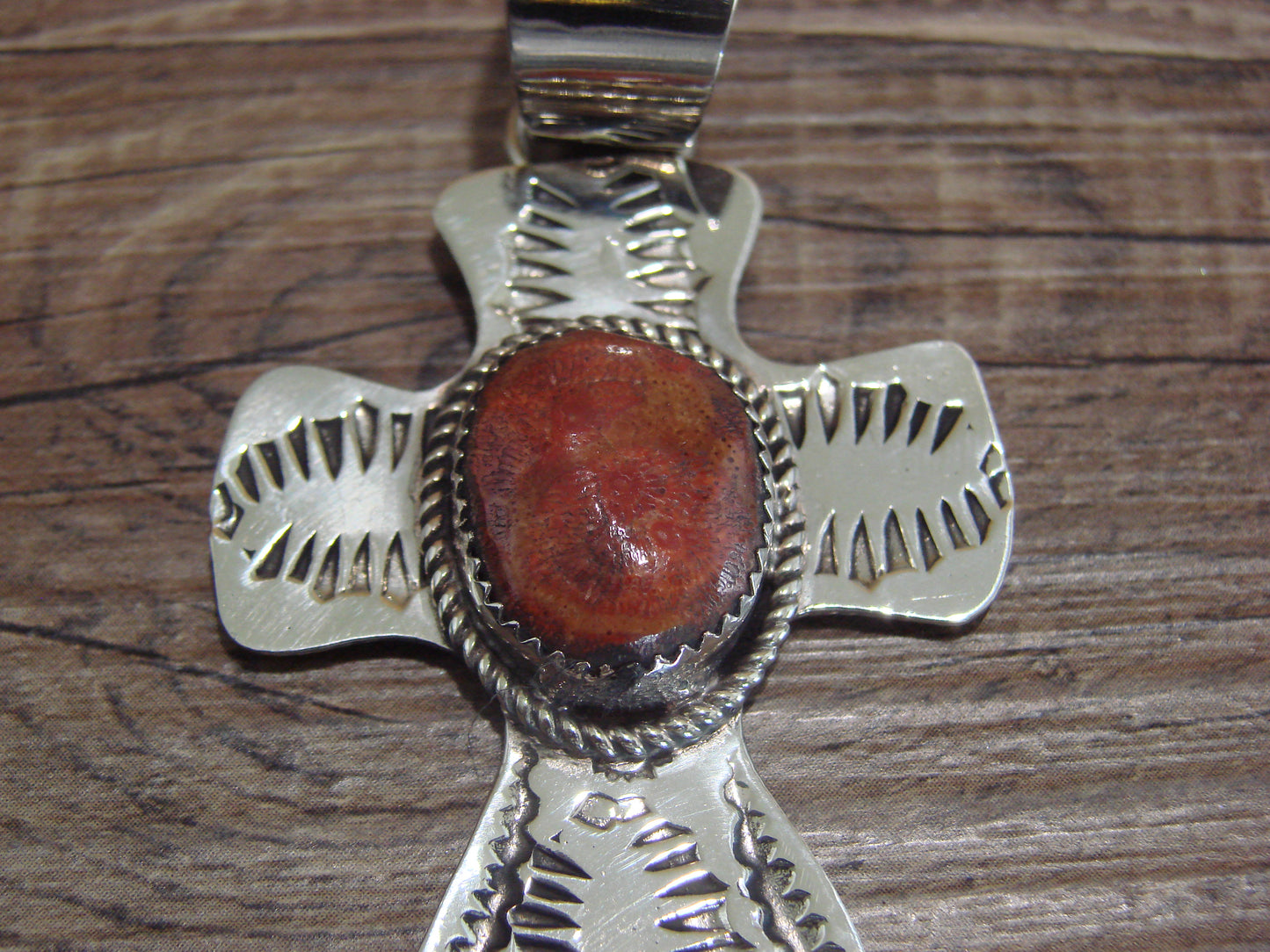 Navajo Nickel Silver & Apple Coral Cross Pendant - Cleveland