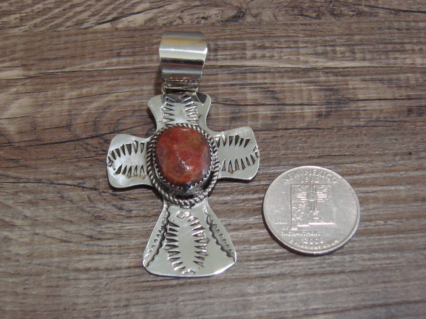 Navajo Nickel Silver & Apple Coral Cross Pendant - Cleveland