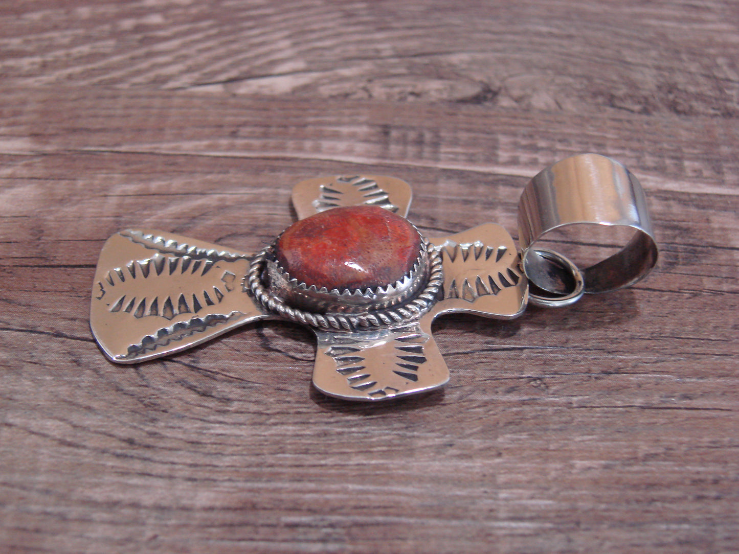 Navajo Nickel Silver & Apple Coral Cross Pendant - Cleveland