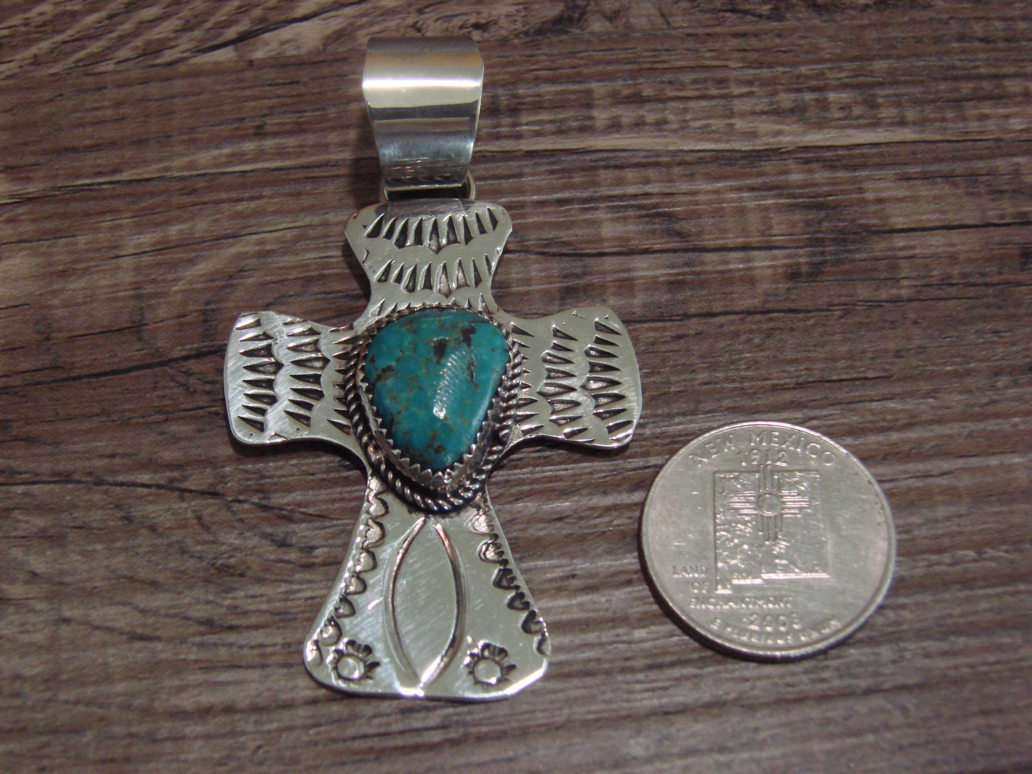 Navajo Nickel Silver & Turquoise Cross Pendant - Cleveland