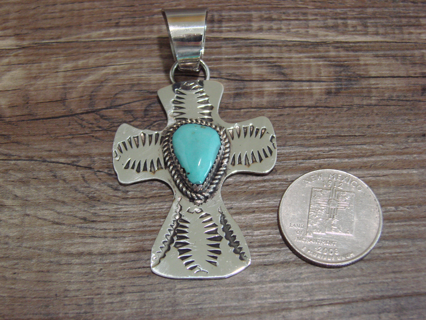 Navajo Nickel Silver & Turquoise Cross Pendant - Cleveland
