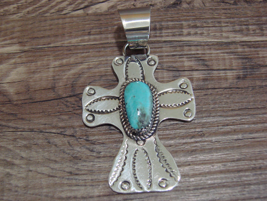 Navajo Nickel Silver & Turquoise Cross Pendant - Cleveland
