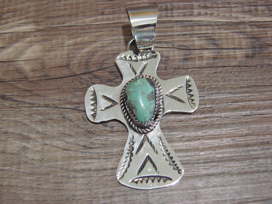 Navajo Nickel Silver & Turquoise Cross Pendant - Cleveland