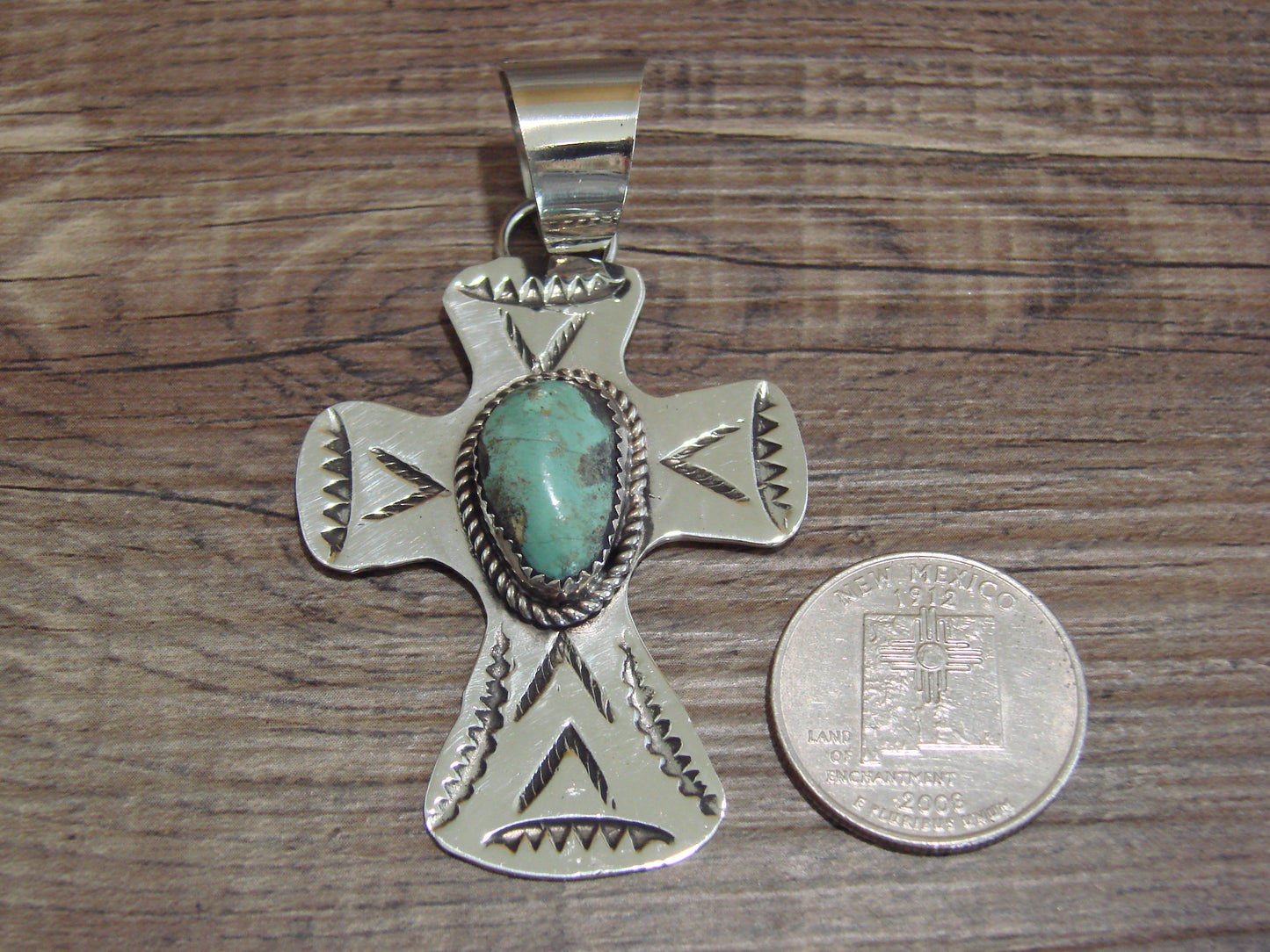 Navajo Nickel Silver & Turquoise Cross Pendant - Cleveland