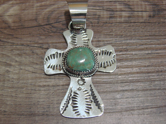 Navajo Nickel Silver & Turquoise Cross Pendant - Cleveland