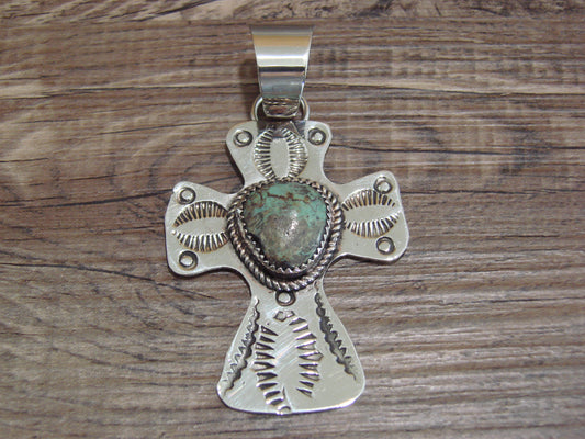 Navajo Nickel Silver & Turquoise Cross Pendant - Cleveland