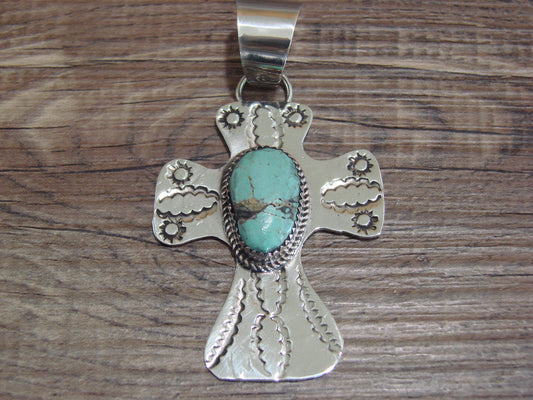 Navajo Nickel Silver & Turquoise Cross Pendant - Cleveland