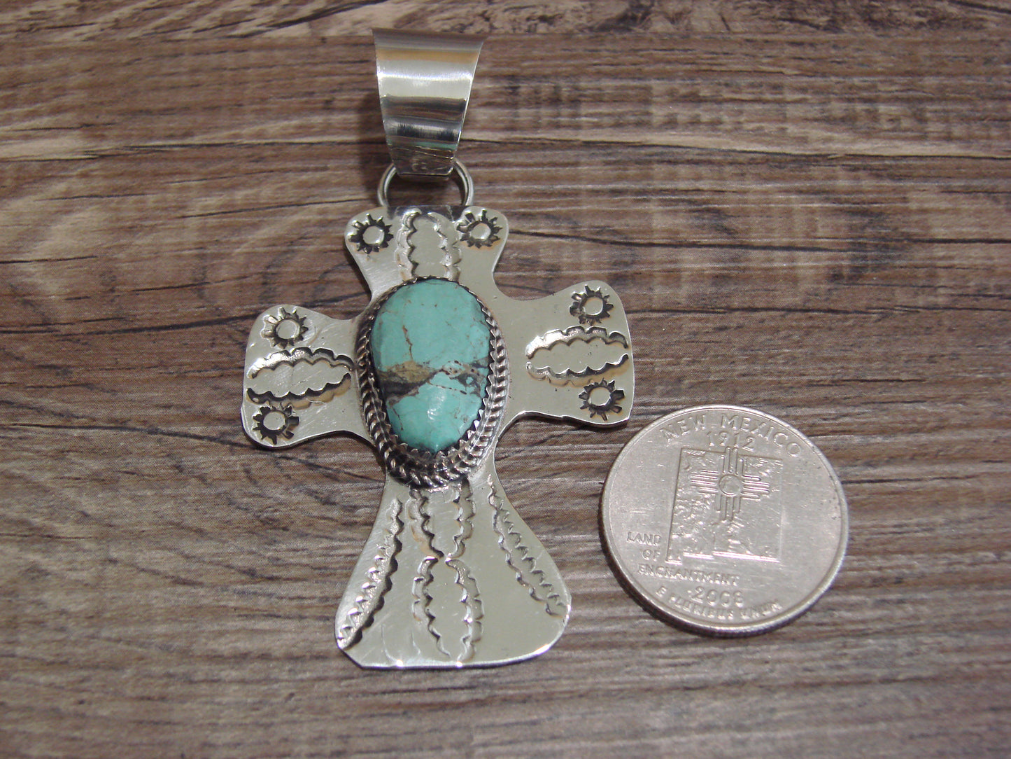 Navajo Nickel Silver & Turquoise Cross Pendant - Cleveland