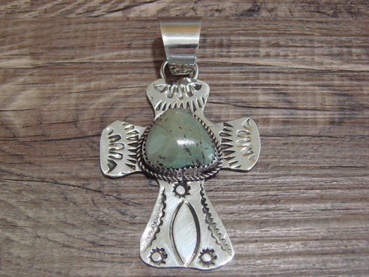 Navajo Nickel Silver & Turquoise Cross Pendant - Cleveland