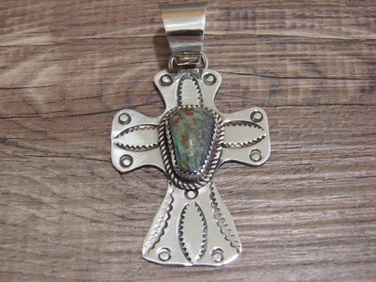 Navajo Nickel Silver & Turquoise Cross Pendant - Cleveland