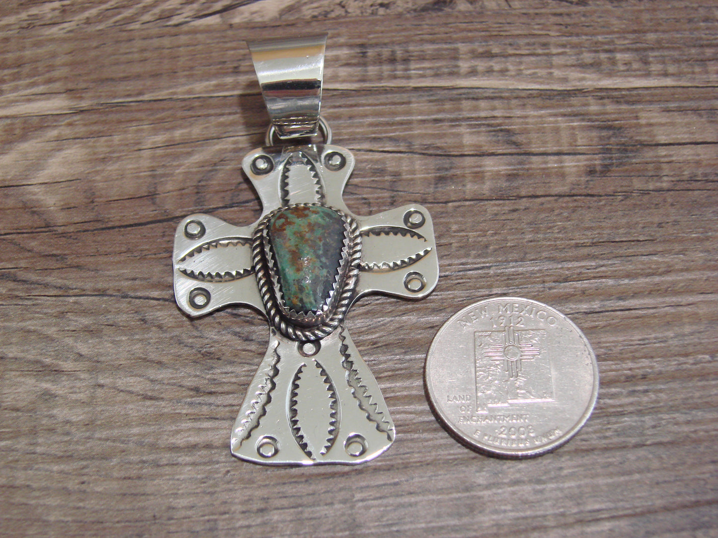 Navajo Nickel Silver & Turquoise Cross Pendant - Cleveland