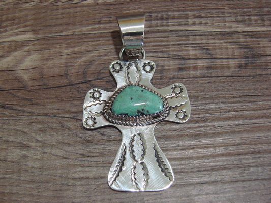 Navajo Nickel Silver & Turquoise Cross Pendant - Cleveland
