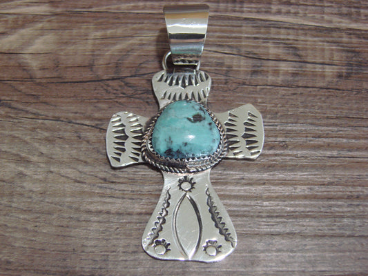 Navajo Nickel Silver & Turquoise Cross Pendant - Cleveland
