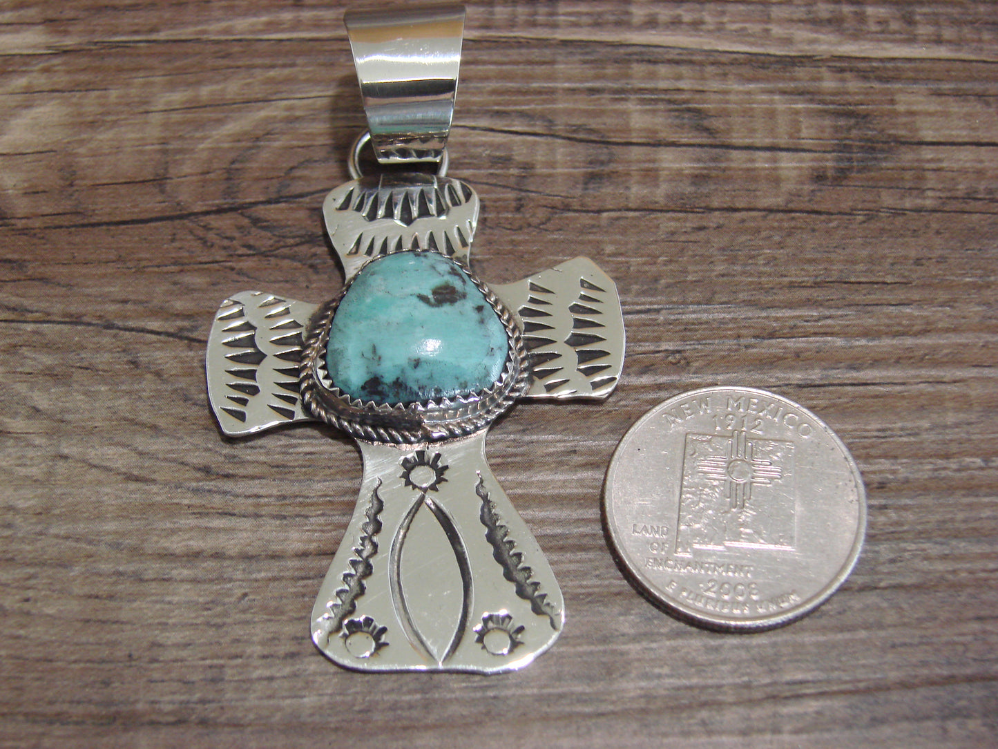 Navajo Nickel Silver & Turquoise Cross Pendant - Cleveland