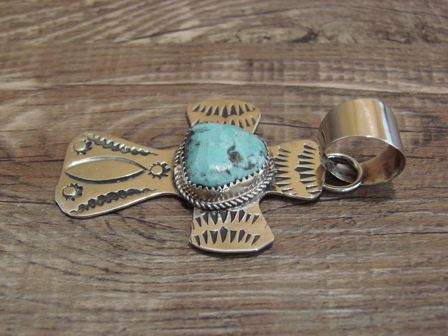 Navajo Nickel Silver & Turquoise Cross Pendant - Cleveland