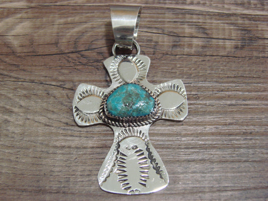Navajo Nickel Silver & Turquoise Cross Pendant - Cleveland