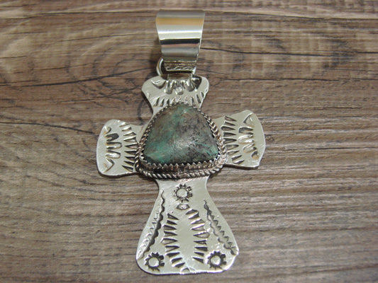 Navajo Nickel Silver & Turquoise Cross Pendant - Cleveland