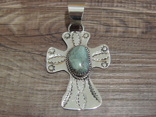 Navajo Nickel Silver & Turquoise Cross Pendant - Cleveland
