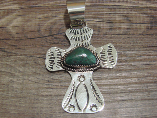 Navajo Nickel Silver & Turquoise Cross Pendant - Cleveland