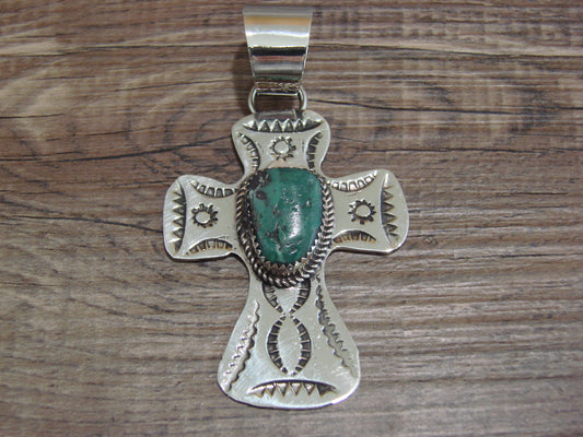Navajo Nickel Silver & Turquoise Cross Pendant - Cleveland