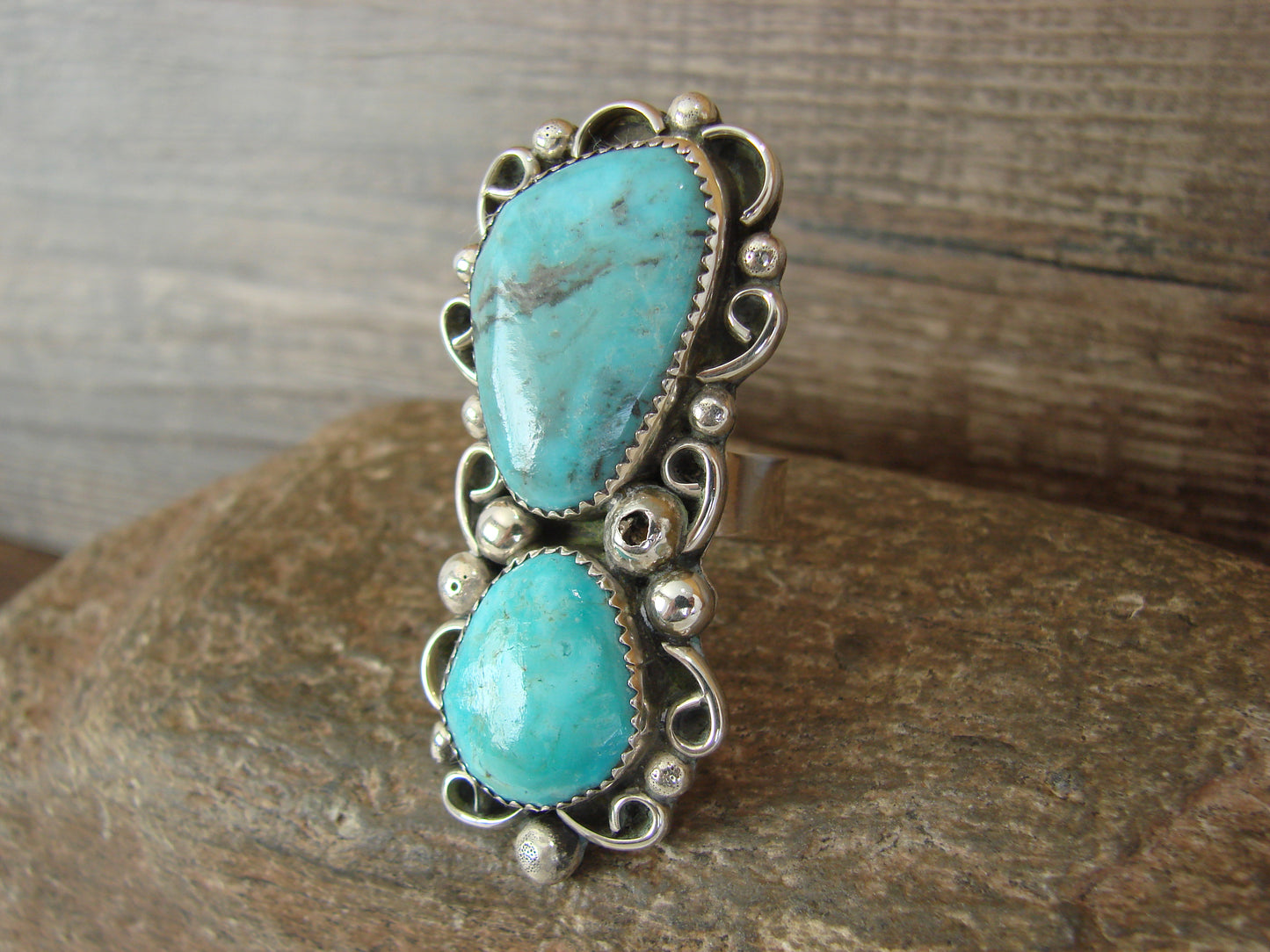 Navajo Sterling Silver Turquoise Adjustable Ring Size 9 to 11 by Cleveland