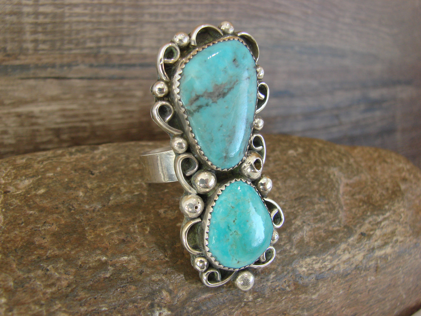 Navajo Sterling Silver Turquoise Adjustable Ring Size 9 to 11 by Cleveland