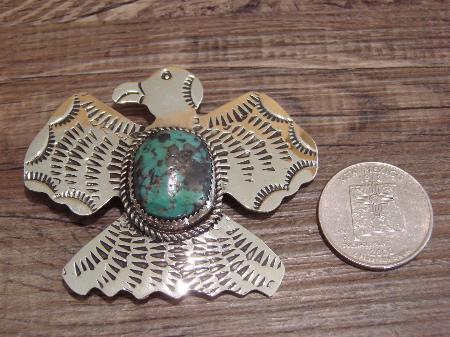 Navajo Nickel Silver & Turquoise Thunderbird Pendant Pin - Cleveland