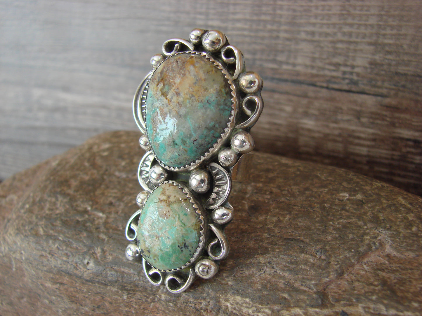 Navajo Sterling Silver Turquoise Adjustable Ring Size 9 to 11 by Cleveland