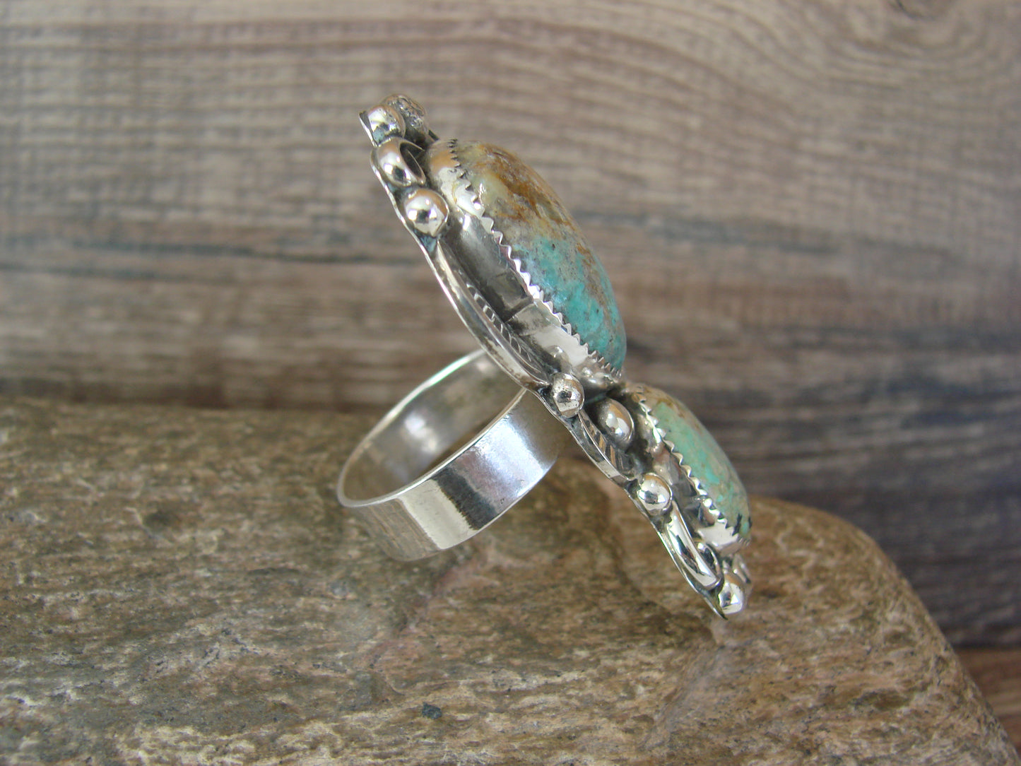 Navajo Sterling Silver Turquoise Adjustable Ring Size 9 to 11 by Cleveland