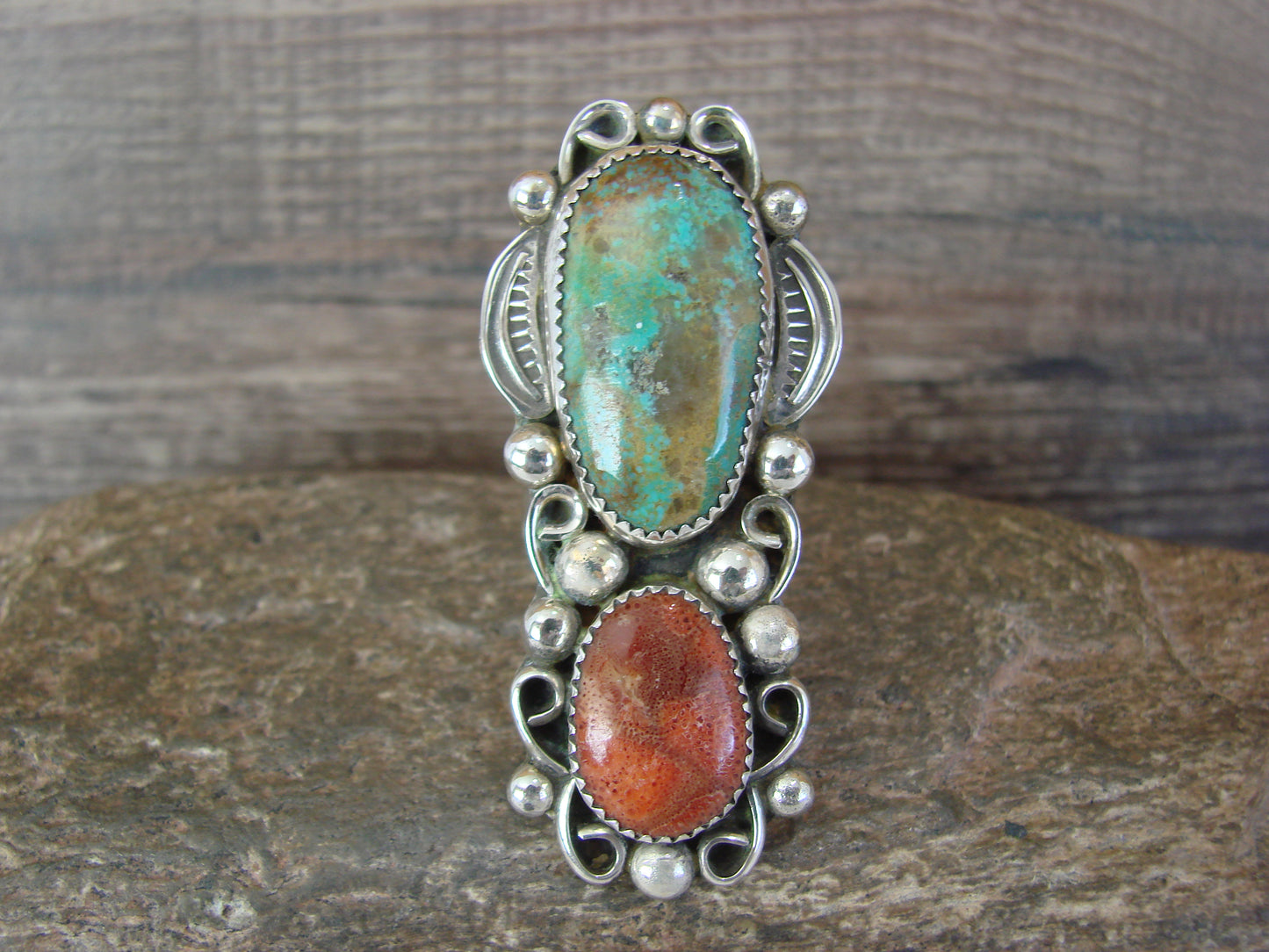 Navajo Sterling Silver Turquoise & Coral Adjustable Ring Size 9 to 11 by Cleveland