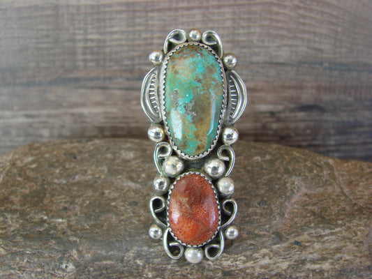 Navajo Sterling Silver Turquoise & Coral Adjustable Ring Size 9 to 11 by Cleveland