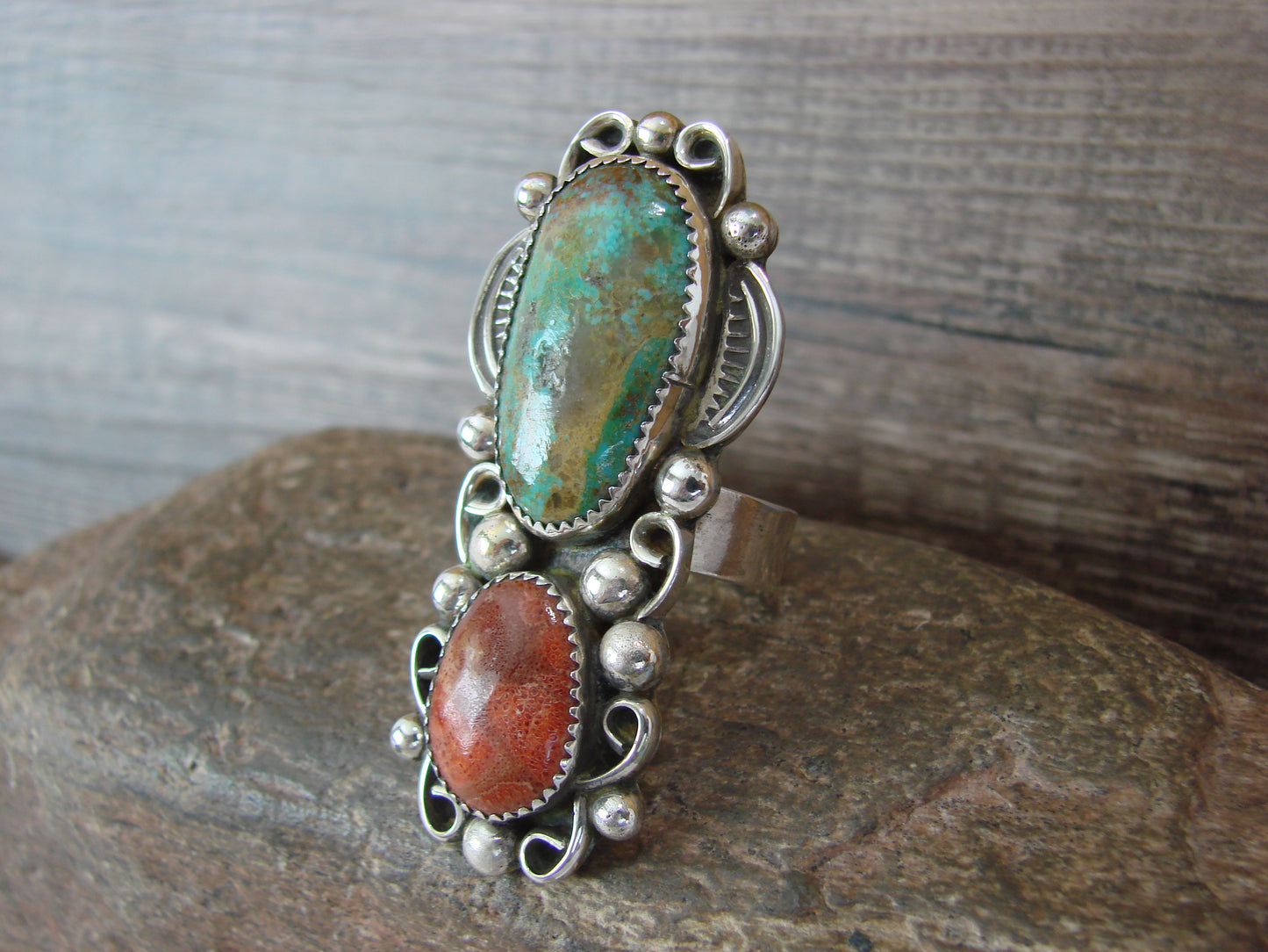Navajo Sterling Silver Turquoise & Coral Adjustable Ring Size 9 to 11 by Cleveland