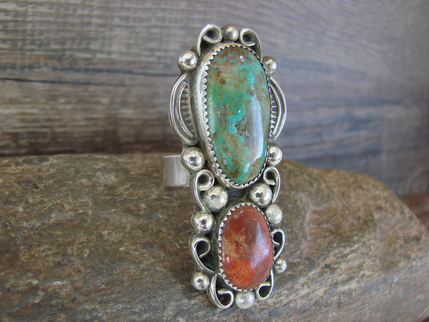 Navajo Sterling Silver Turquoise & Coral Adjustable Ring Size 9 to 11 by Cleveland