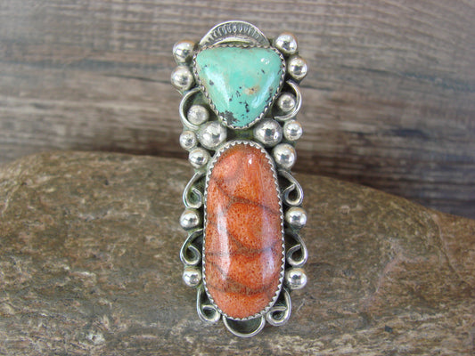 Navajo Sterling Silver Turquoise & Coral Adjustable Ring Size 9 to 11 by Cleveland