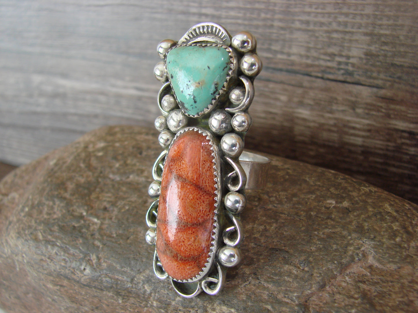 Navajo Sterling Silver Turquoise & Coral Adjustable Ring Size 9 to 11 by Cleveland