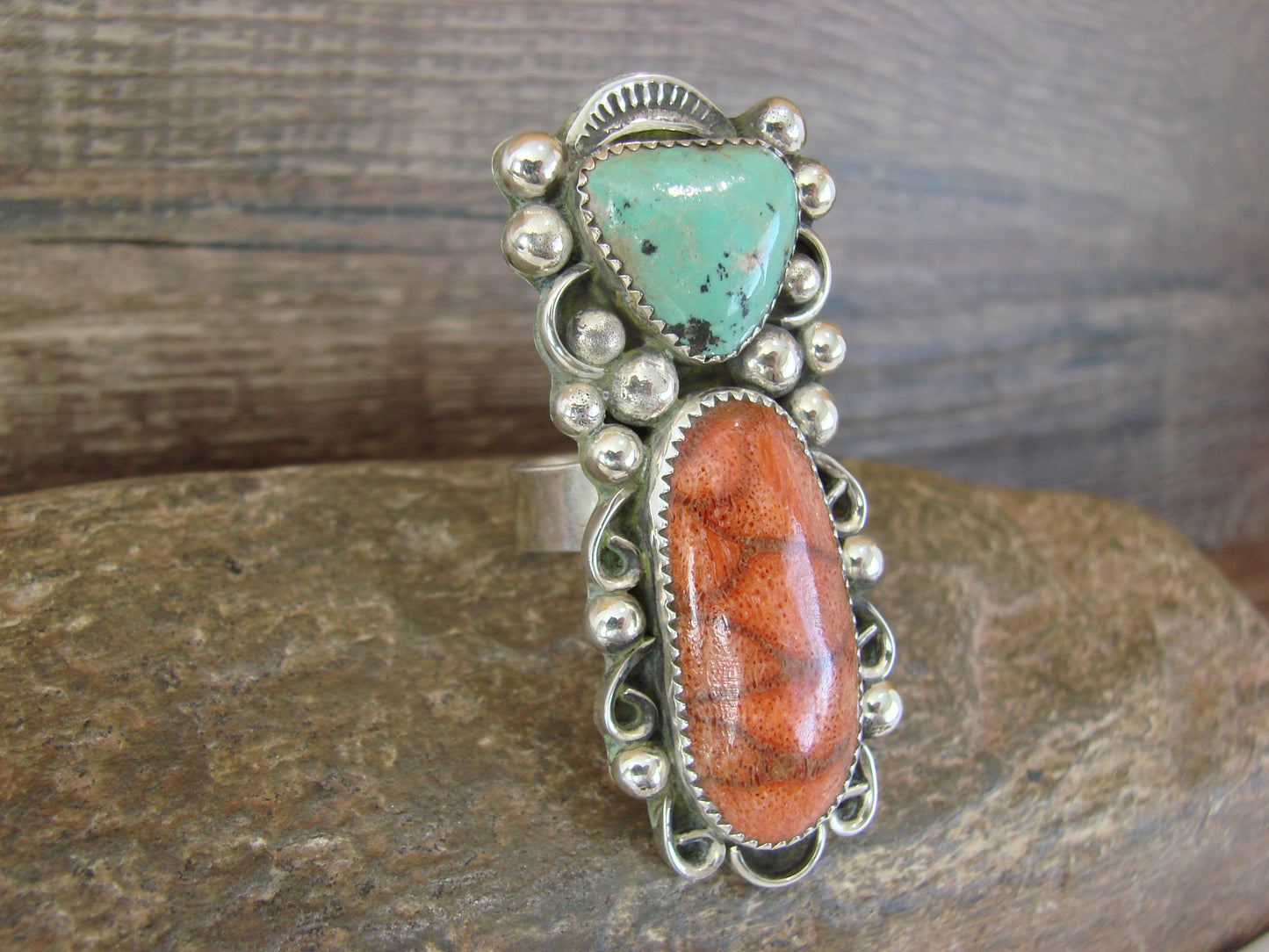 Navajo Sterling Silver Turquoise & Coral Adjustable Ring Size 9 to 11 by Cleveland