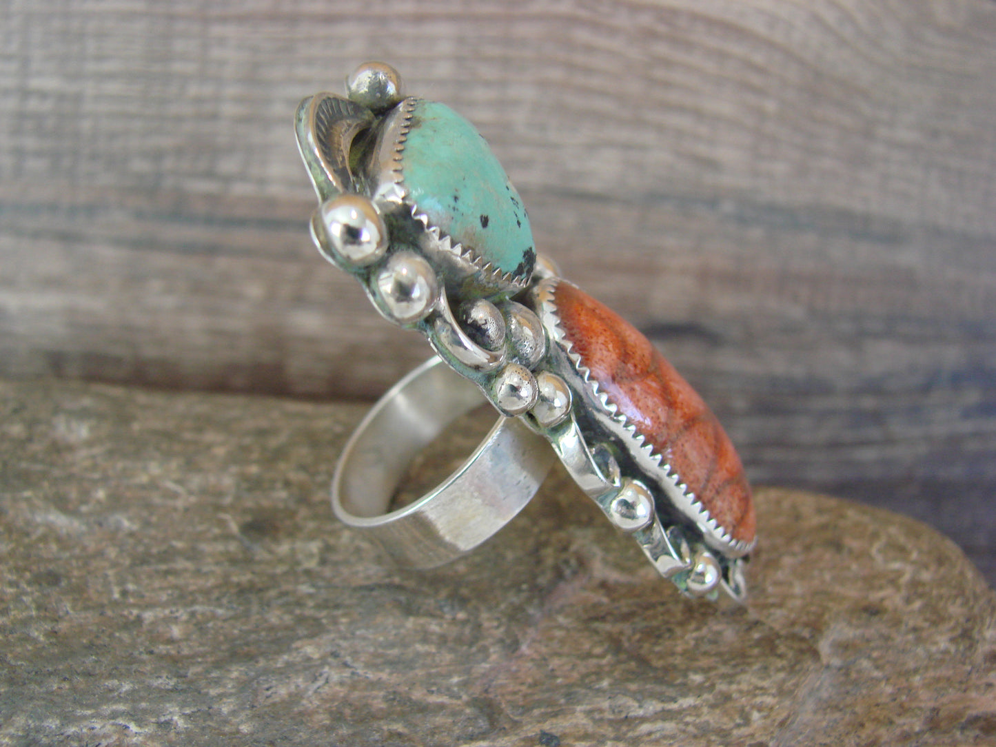 Navajo Sterling Silver Turquoise & Coral Adjustable Ring Size 9 to 11 by Cleveland
