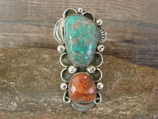 Navajo Sterling Silver Turquoise & Coral Adjustable Ring Size 9 to 11 by Cleveland