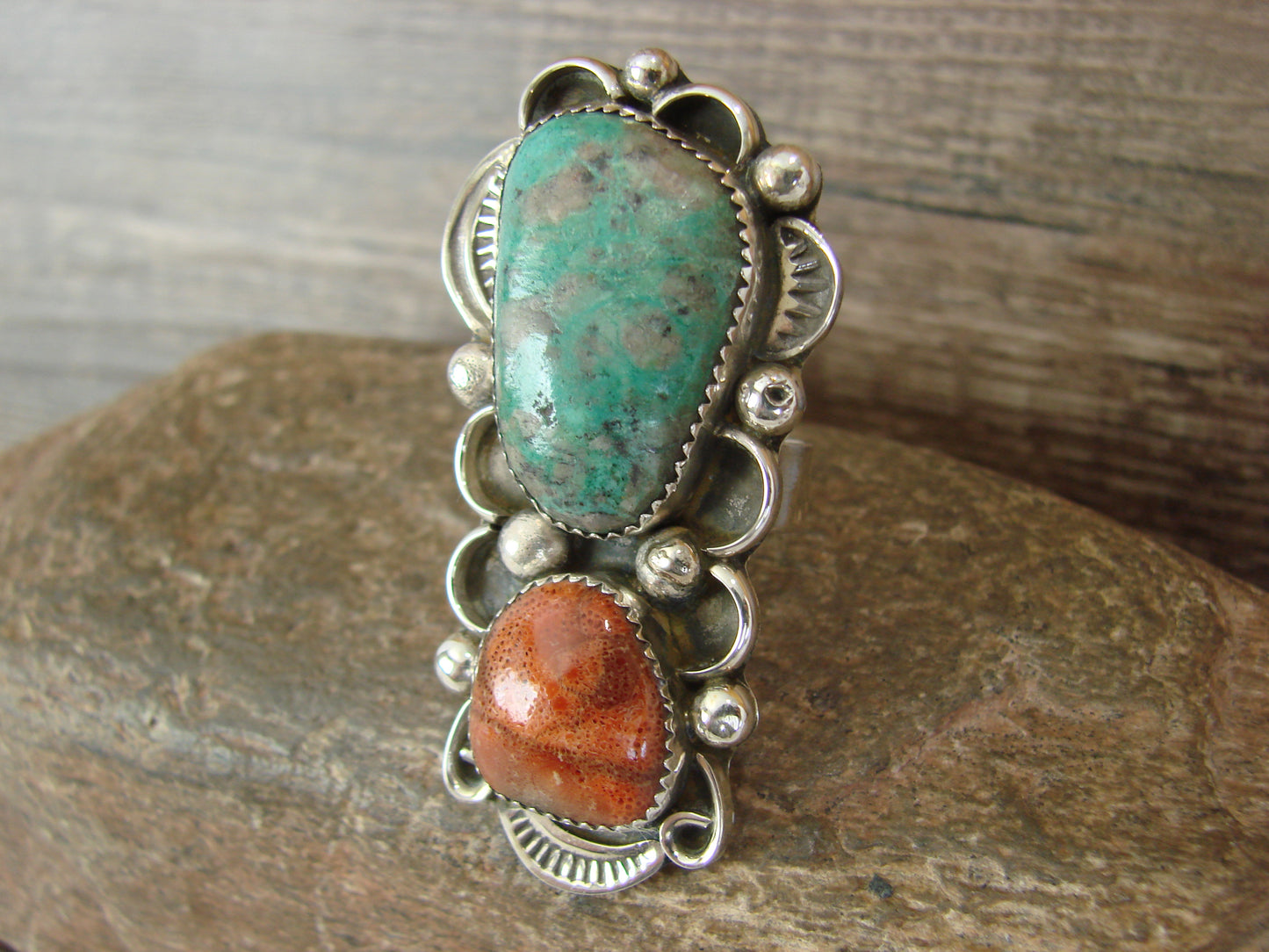Navajo Sterling Silver Turquoise & Coral Adjustable Ring Size 9 to 11 by Cleveland