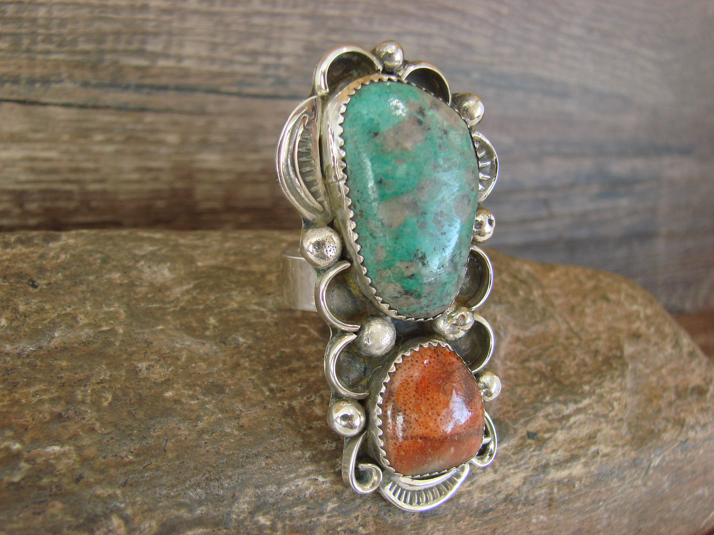 Navajo Sterling Silver Turquoise & Coral Adjustable Ring Size 9 to 11 by Cleveland