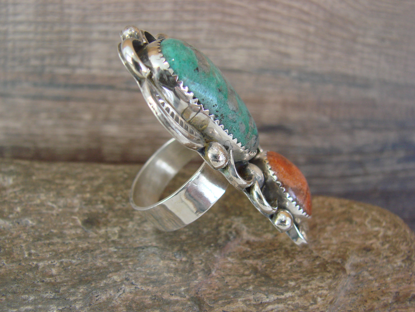Navajo Sterling Silver Turquoise & Coral Adjustable Ring Size 9 to 11 by Cleveland
