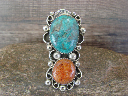 Navajo Sterling Silver Turquoise & Coral Adjustable Ring Size 9 to 11 by Cleveland
