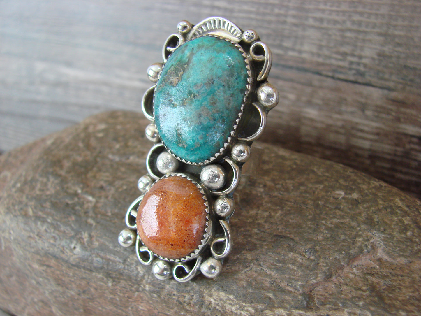 Navajo Sterling Silver Turquoise & Coral Adjustable Ring Size 9 to 11 by Cleveland