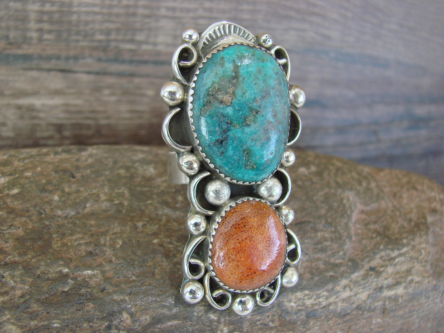 Navajo Sterling Silver Turquoise & Coral Adjustable Ring Size 9 to 11 by Cleveland